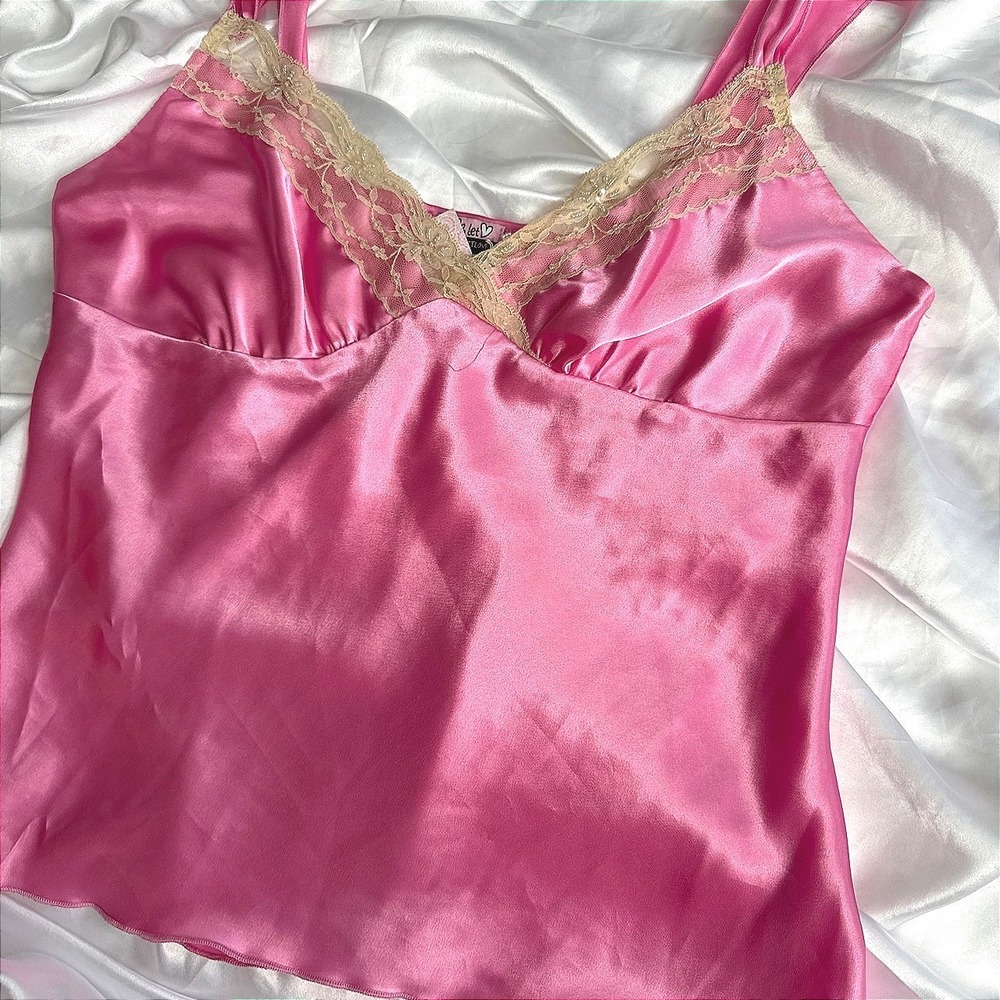 Love & Let Love Pink Satin Lace Trim Camisole Top Beaded V-Neck Tank